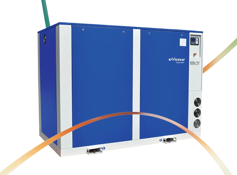 Kirloskar Pneumatic ARiA screw compressor KEsc 75i industrial unit with professional installation showcasing continuous operation capability and smart monitoring systems for heavy-duty applications